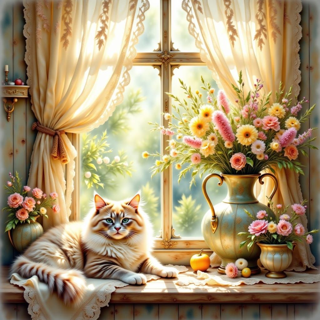 <lora:Mixing It Up:1.0> rustic kitchen window with beautiful lace curtains sun shining on a stunning oriental vase of sp...