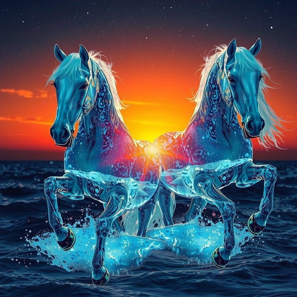 Majestic Seawater Horses Gallop Across Vibrant Sunset Landsc...