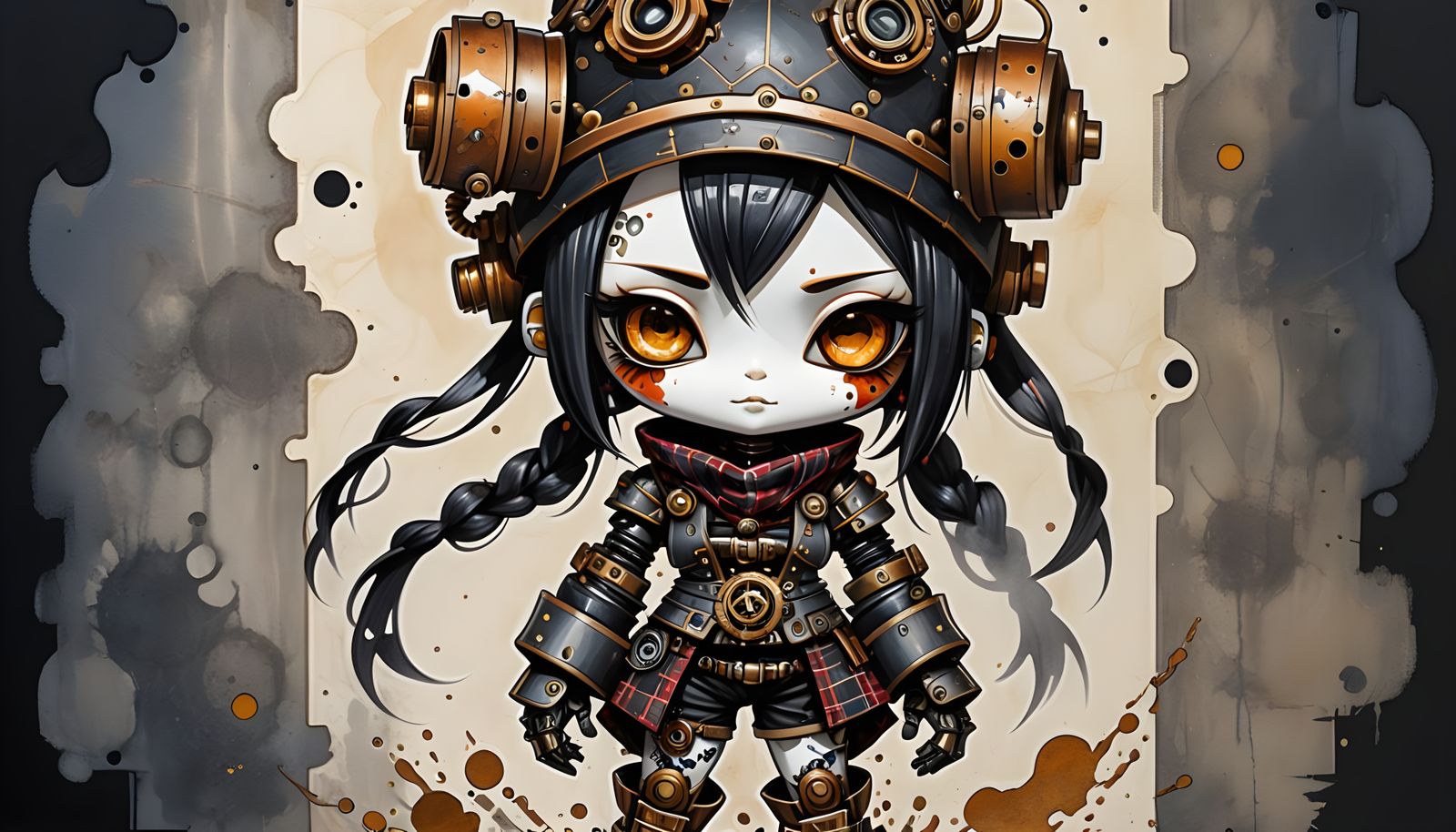 Steampunk Kabuki Chibi with Robot Pet in Ink Outline
