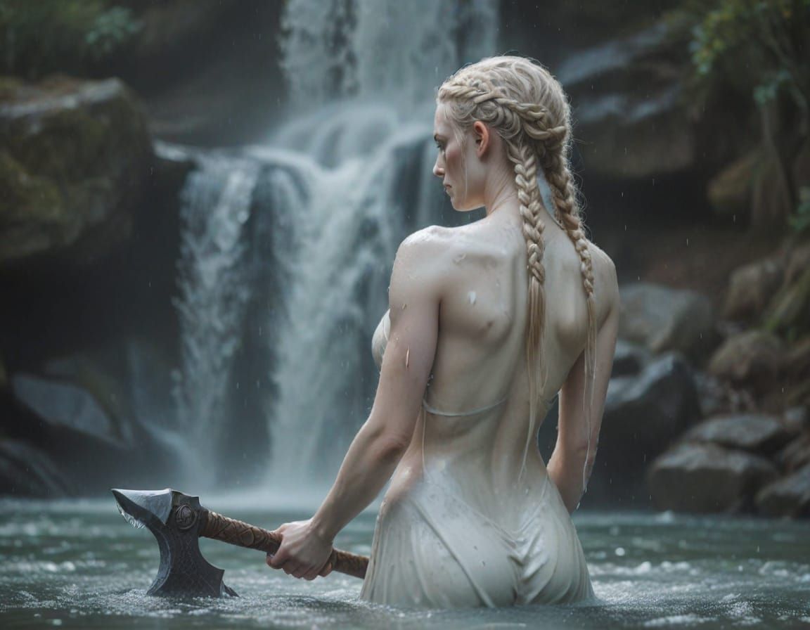 Viking Warrior Maiden by Waterfall in Hyperrealistic Oil Pai...