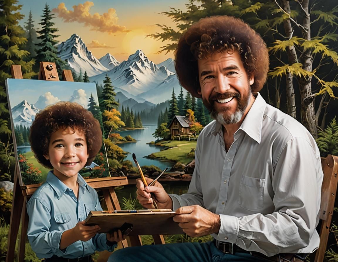 Bob Ross and Young Bob Ross Painting Together