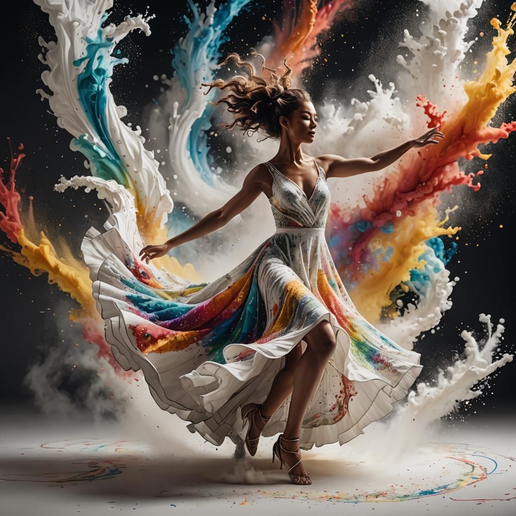 Dynamic Dancer in Multicolored Paint Explosion