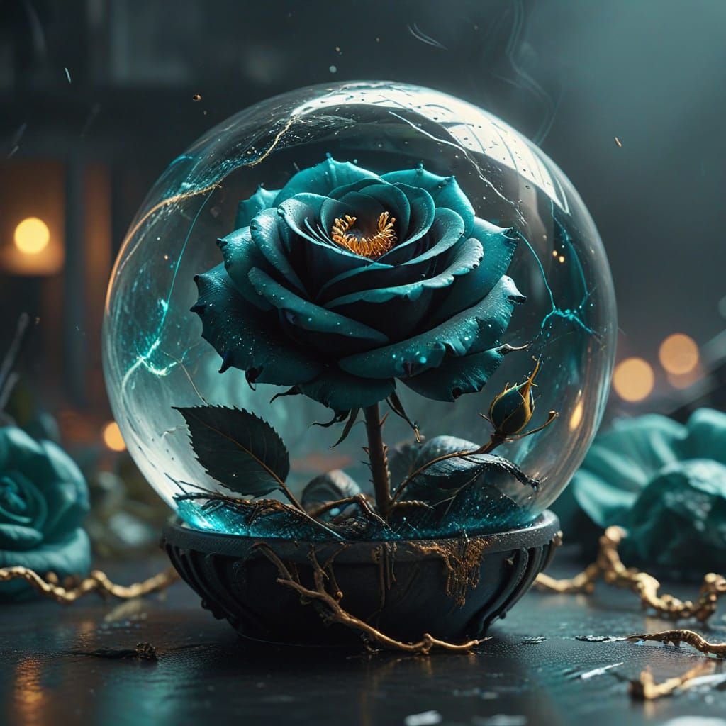 Ethereal Black Rose in Resin Orb, Molten Gold Veins, Soft Li...