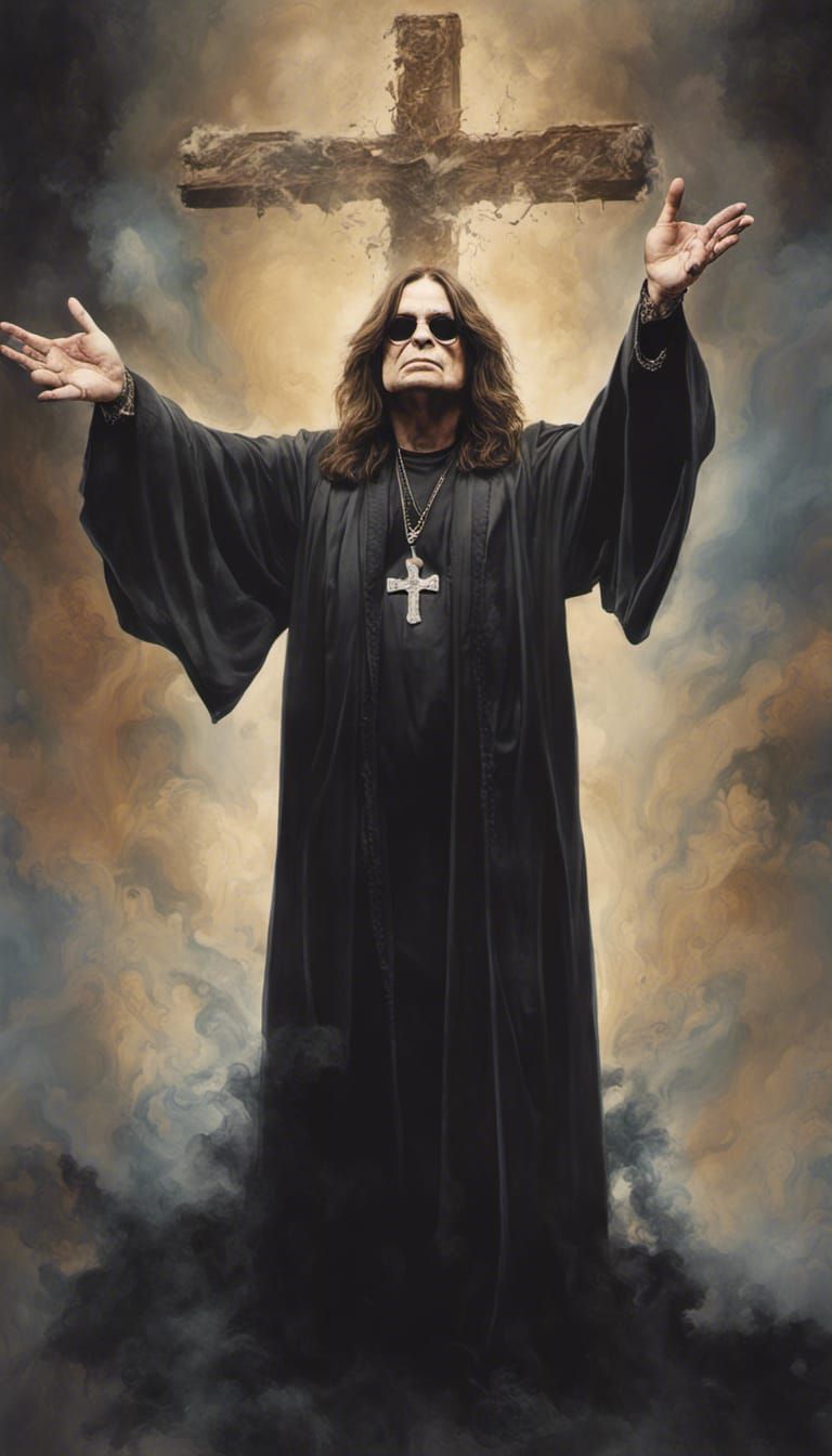 Ozzy Osbourne Portrait with Cross in Psychedelic Art Style