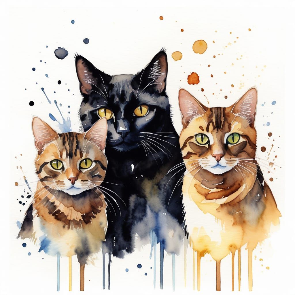 Black Cat and Tabby Cat in Watercolor