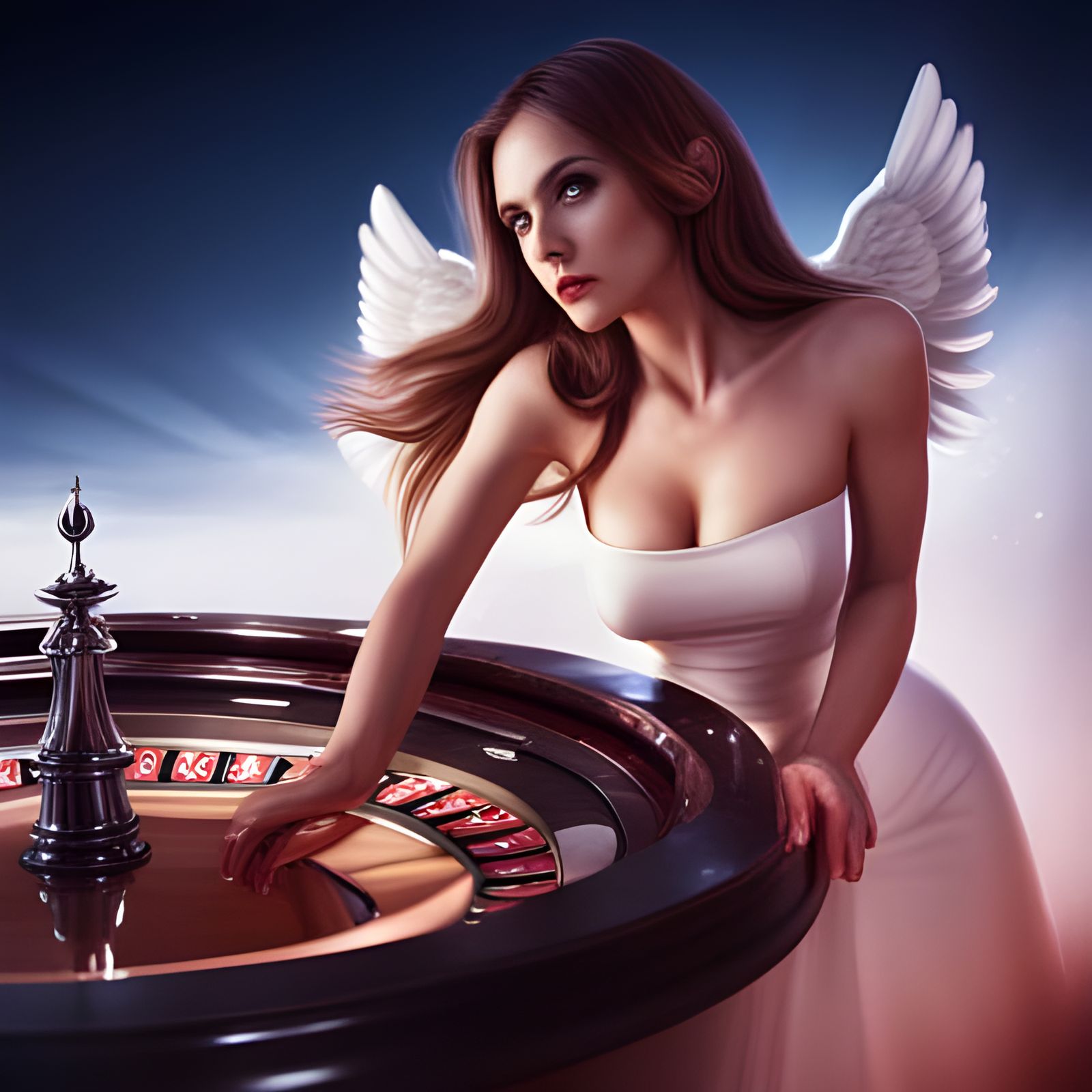 beautiful female angel playing roulette in las vegas casino