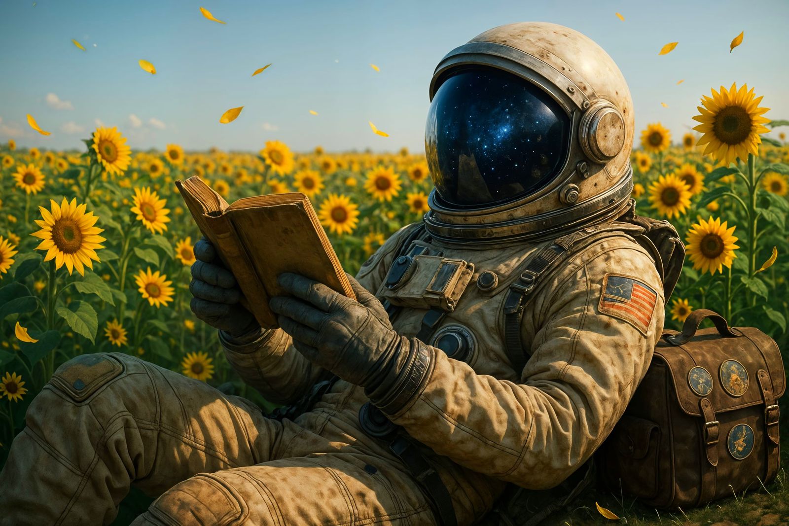 Astronaut Reading Book in Sunflower Field