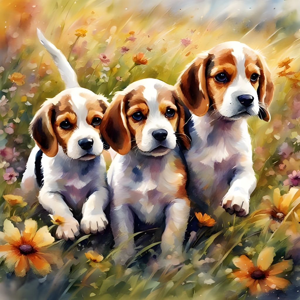 Beagle Puppies Play in Flower Field as Watercolor