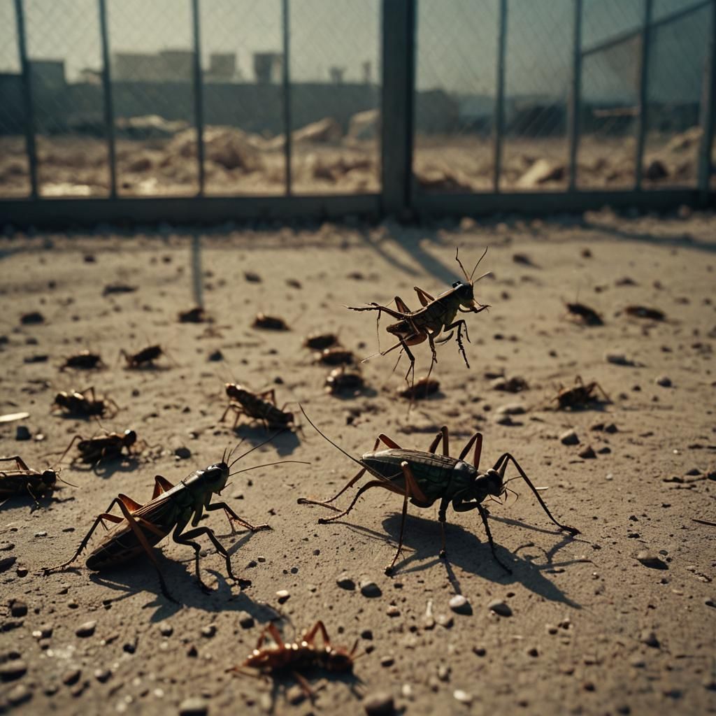 Dramatic Crickets Break Out of Prison: Cinematic Film Still
