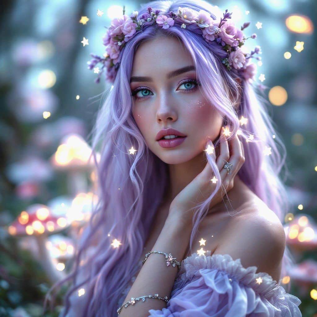 Enchanting Young Woman in Lavender Hair and Flowers