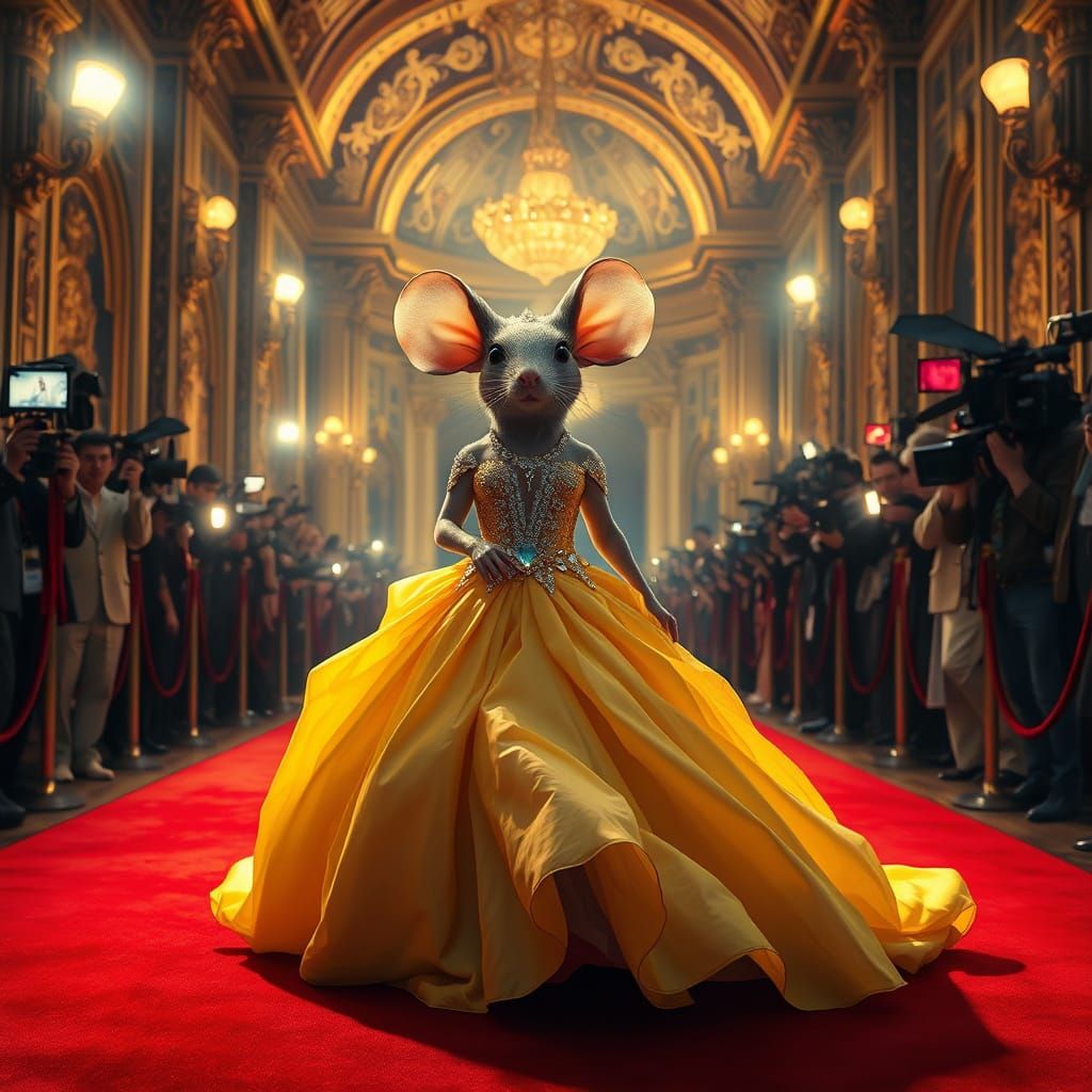 Glamorous Mouse in Futuristic Gown Strolls Red Carpet