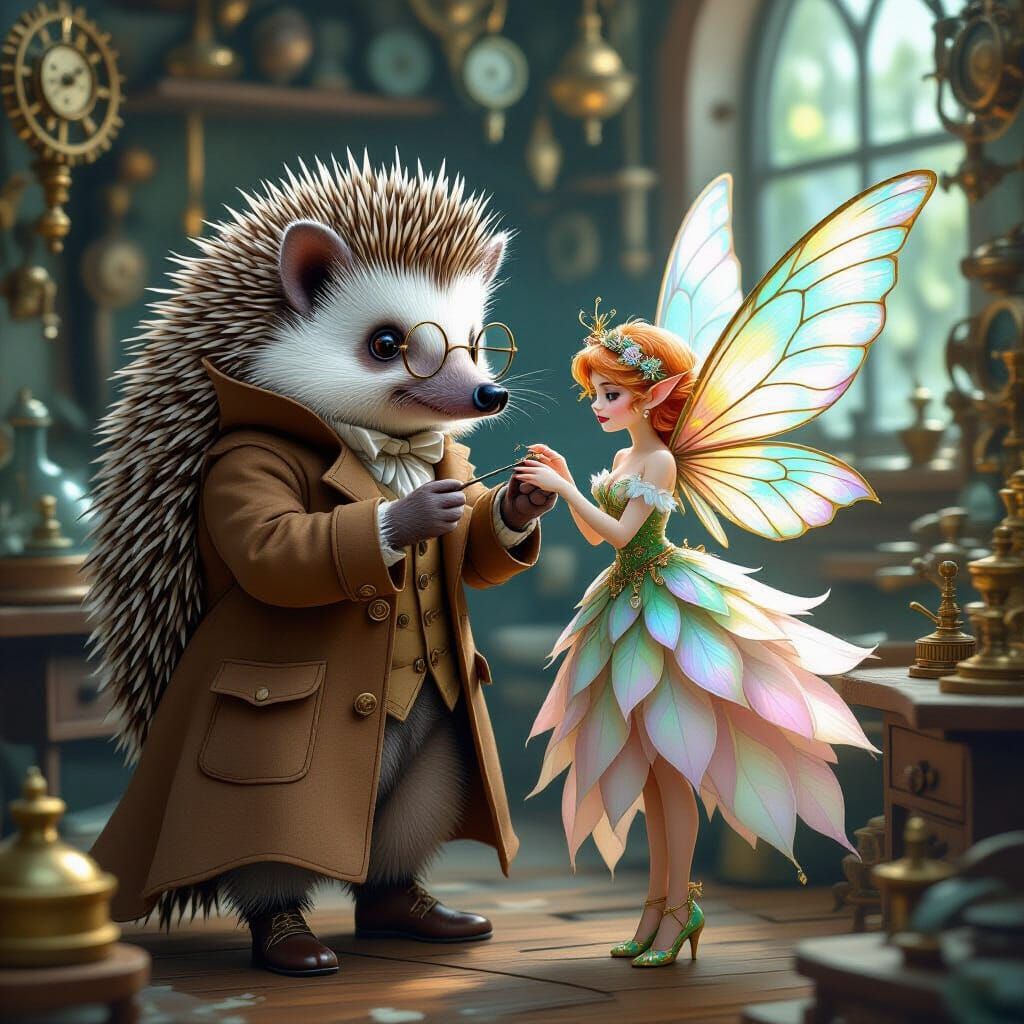 Hedgehog Scientist Repairs Fairy Wing in Steampunk Workshop