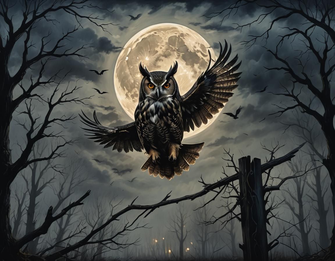 Owl in Flight: Gothic Fantasy Oil Painting