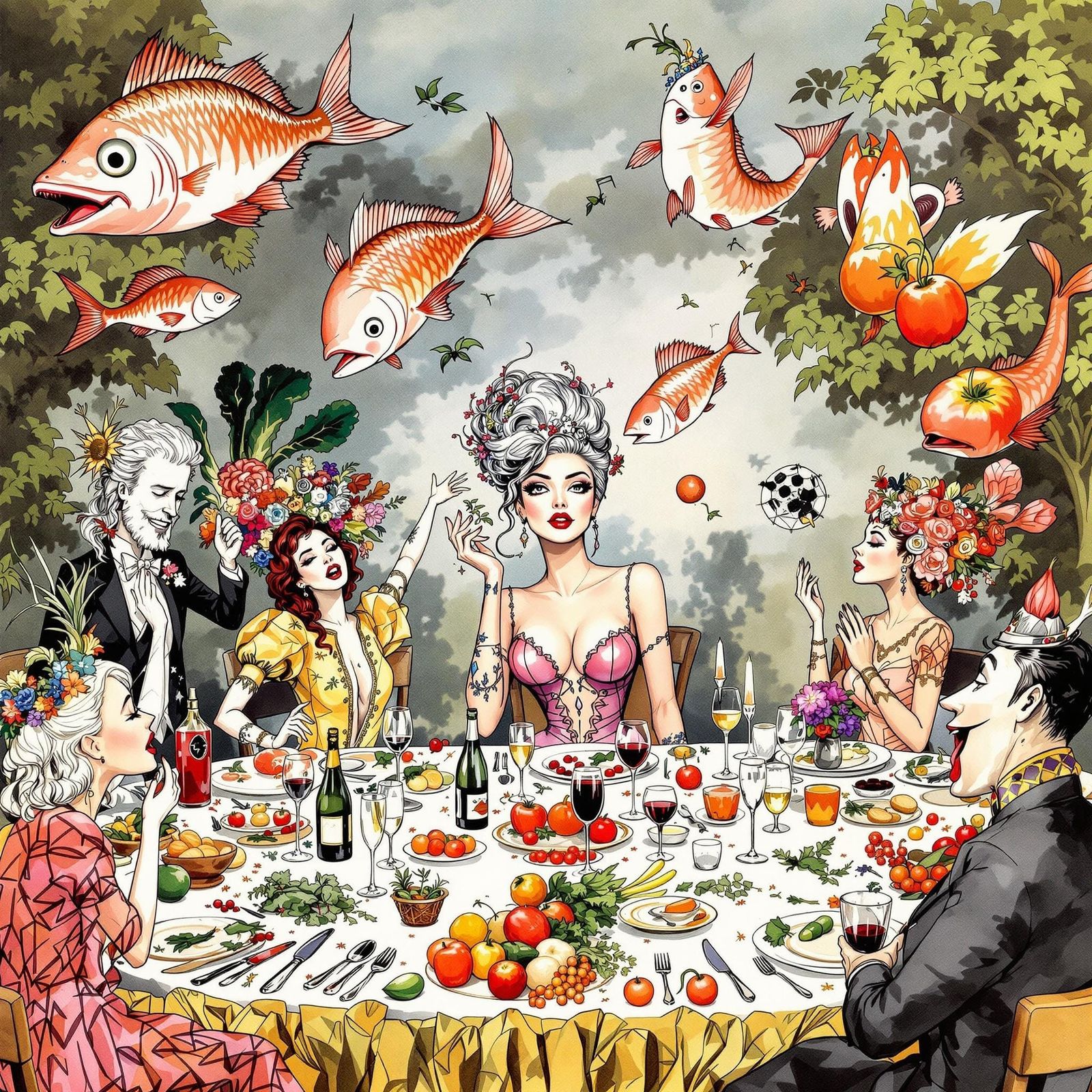 Vibrant Surreal Banquet Scene in Whimsical Ink and Watercolo...