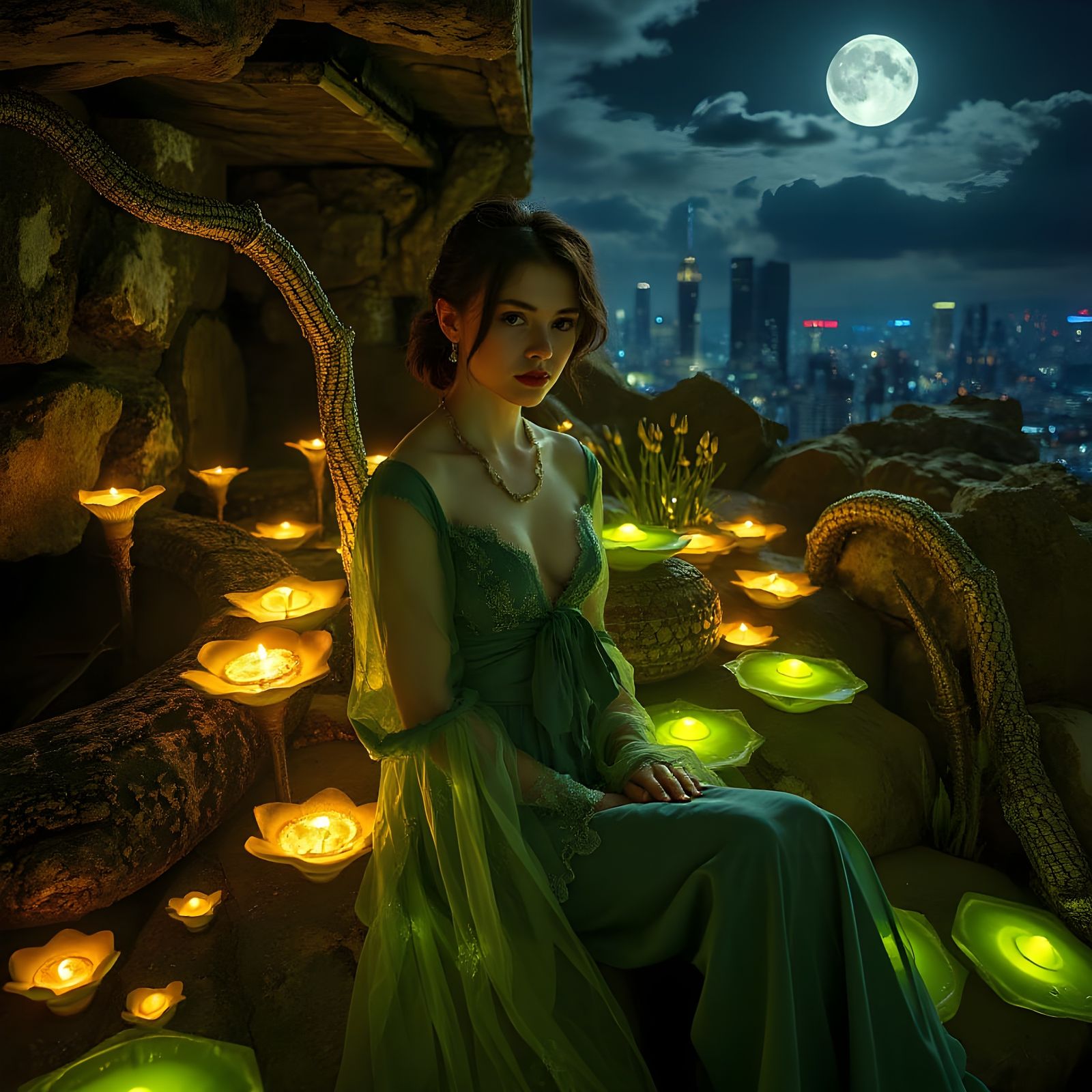 Woman in Green Dress Amidst Bioluminescent Flora