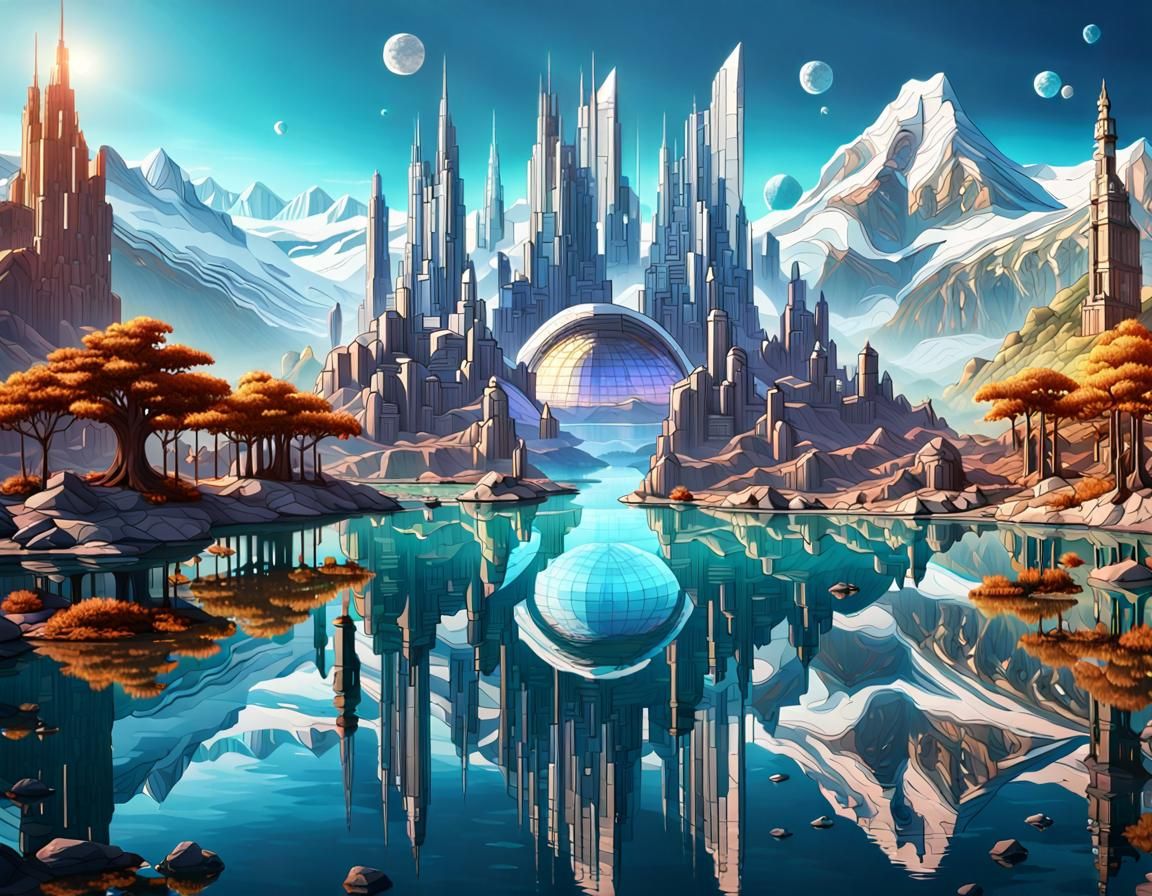 Futuristic Crystal City Mirrored on Mountain Lake