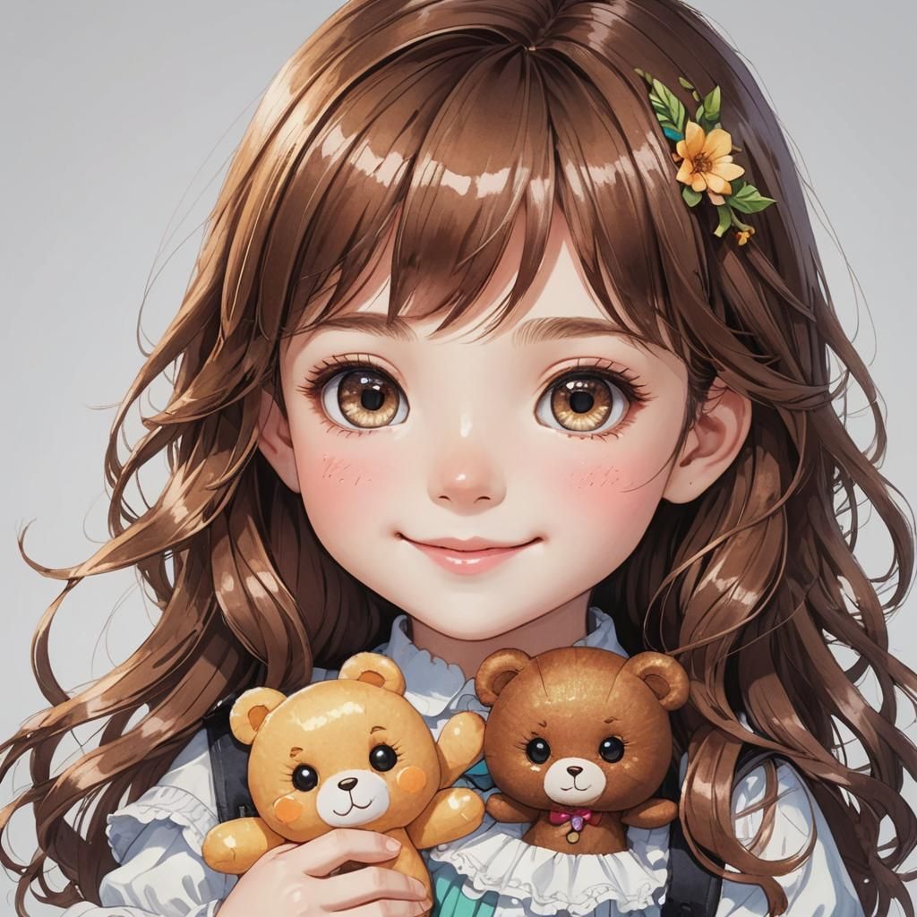 Smiling Anime Girl with Doll in Vibrant Digital Art