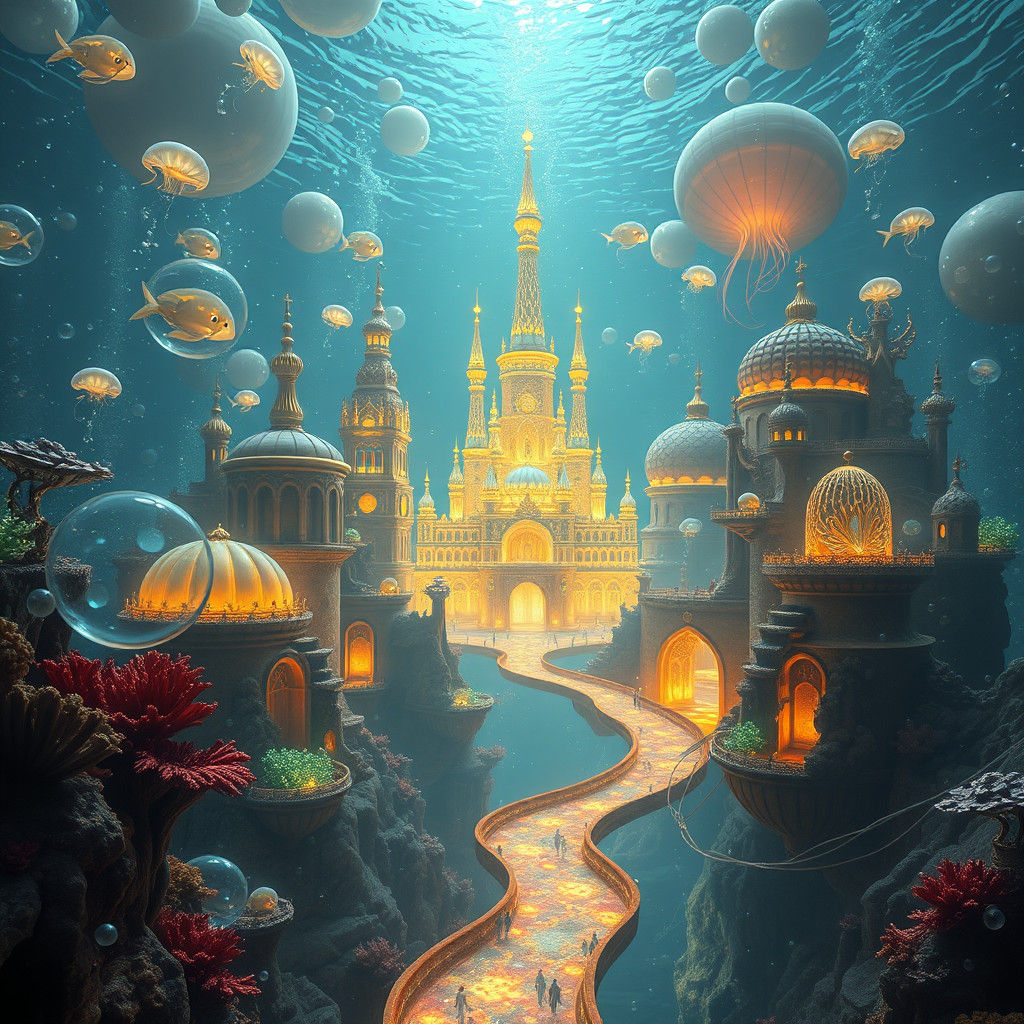 Bioluminescent Underwater City with Coral Architecture