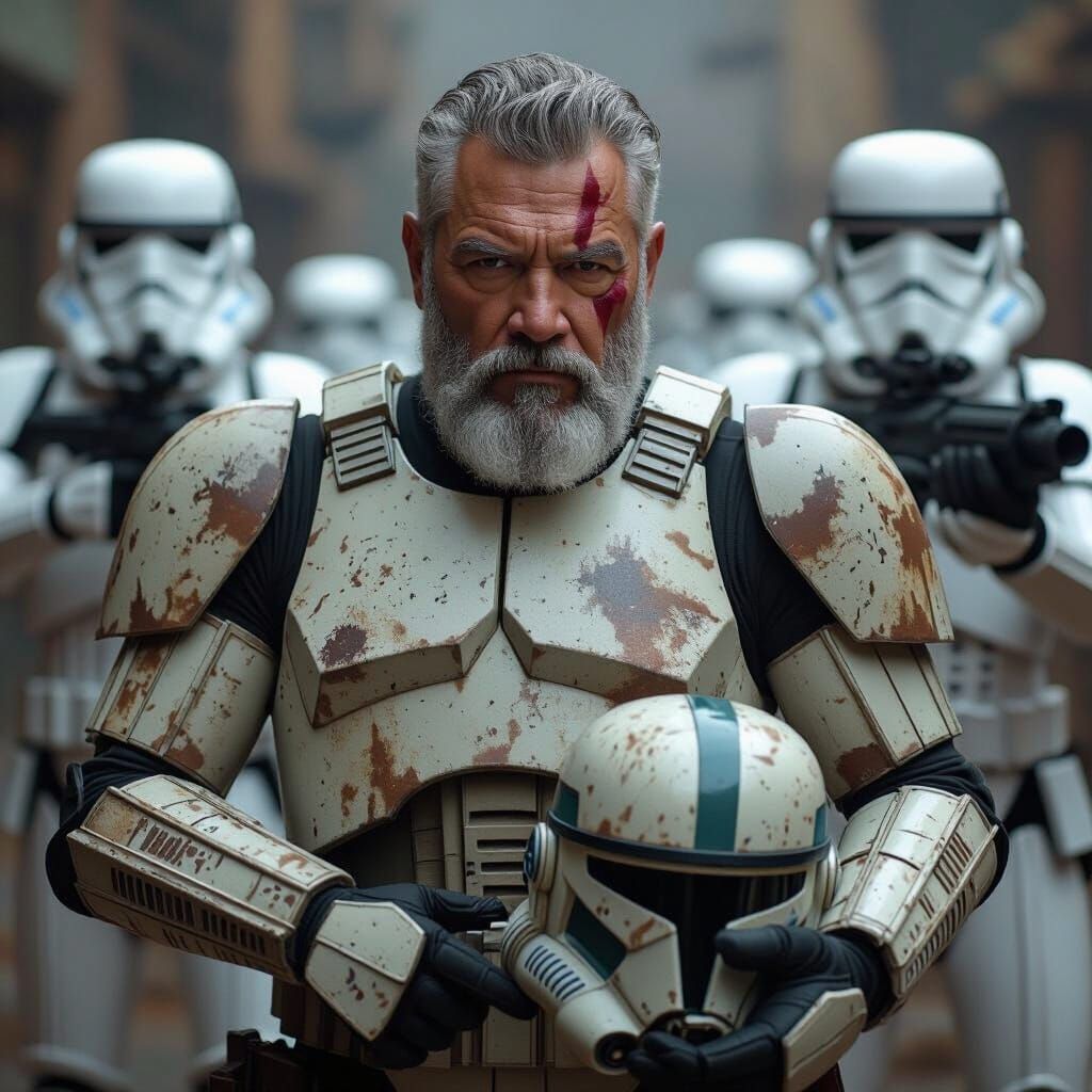 Weathered Clone Trooper in Battle-Worn Armor