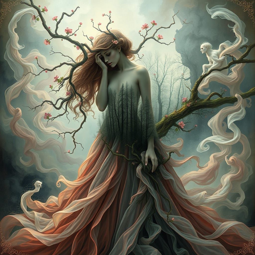 Woman in Enchanted Gown, Surrounded by Ethereal Mist and Sym...