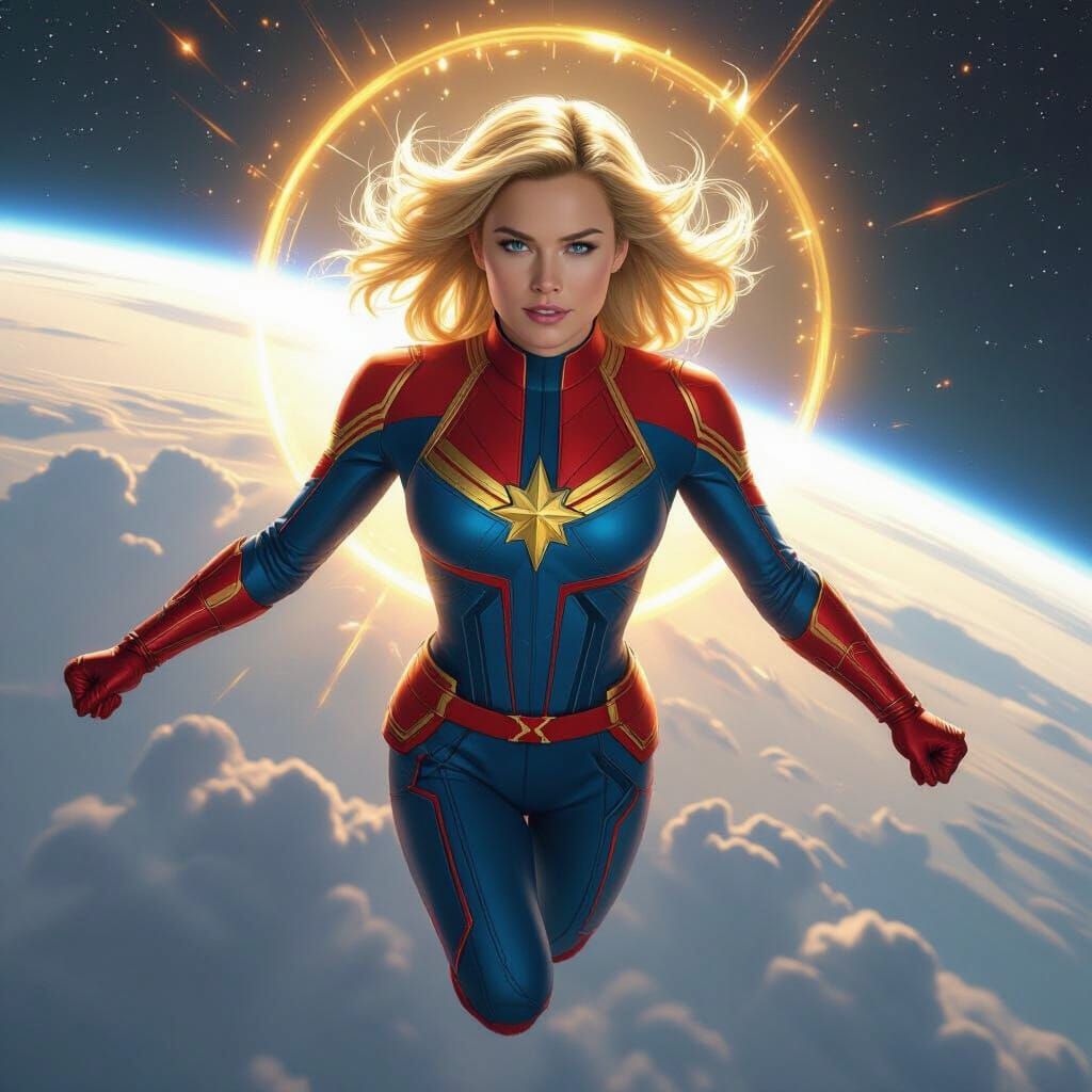 Captain Marvel Flies in Space: Digital Art