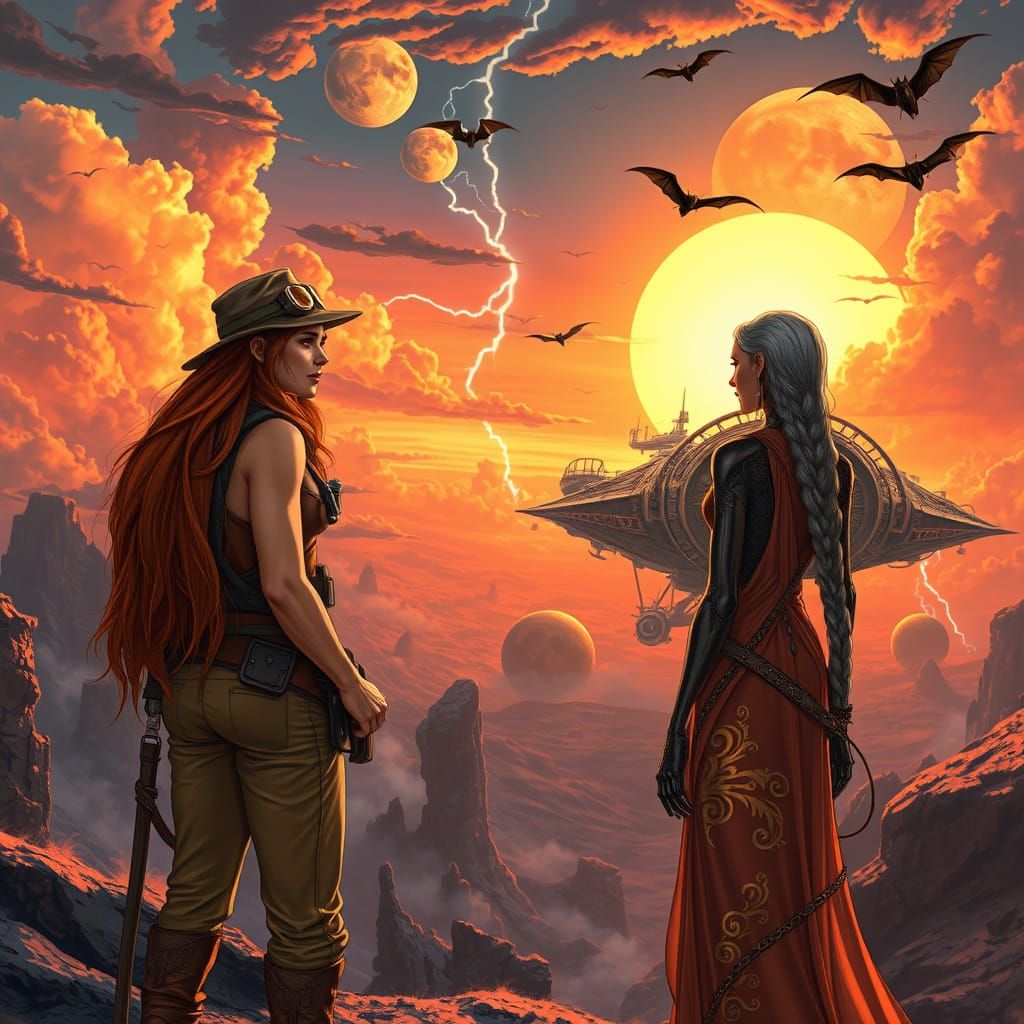 Majestic Female Adventurers Gaze Out at Futuristic Alien Sun...