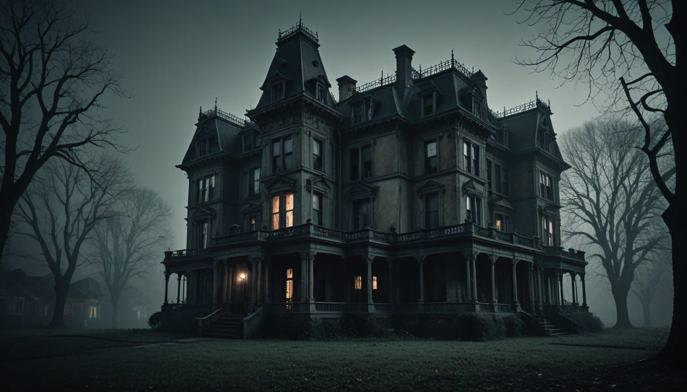 Decaying Mansion at Midnight in Foggy Mist