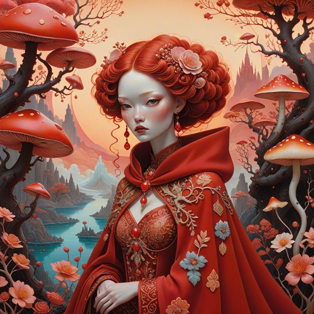 Red Dreamscape Goddess in Vibrant Fantasy World