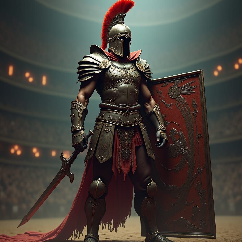 Ornate Gladiator in Dim Arena, Dark Fantasy Art