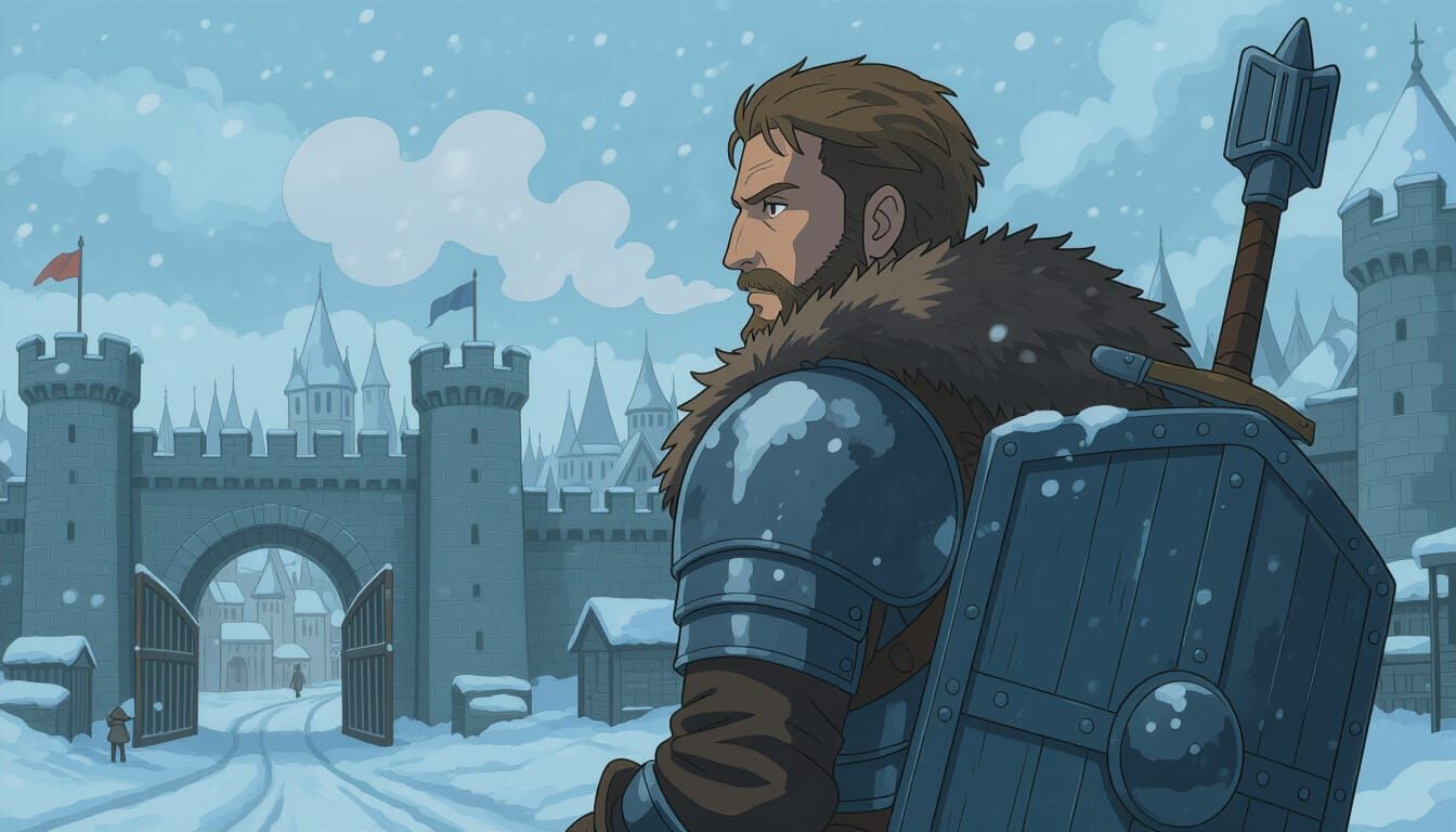 Warrior at City Gates in Anime Style