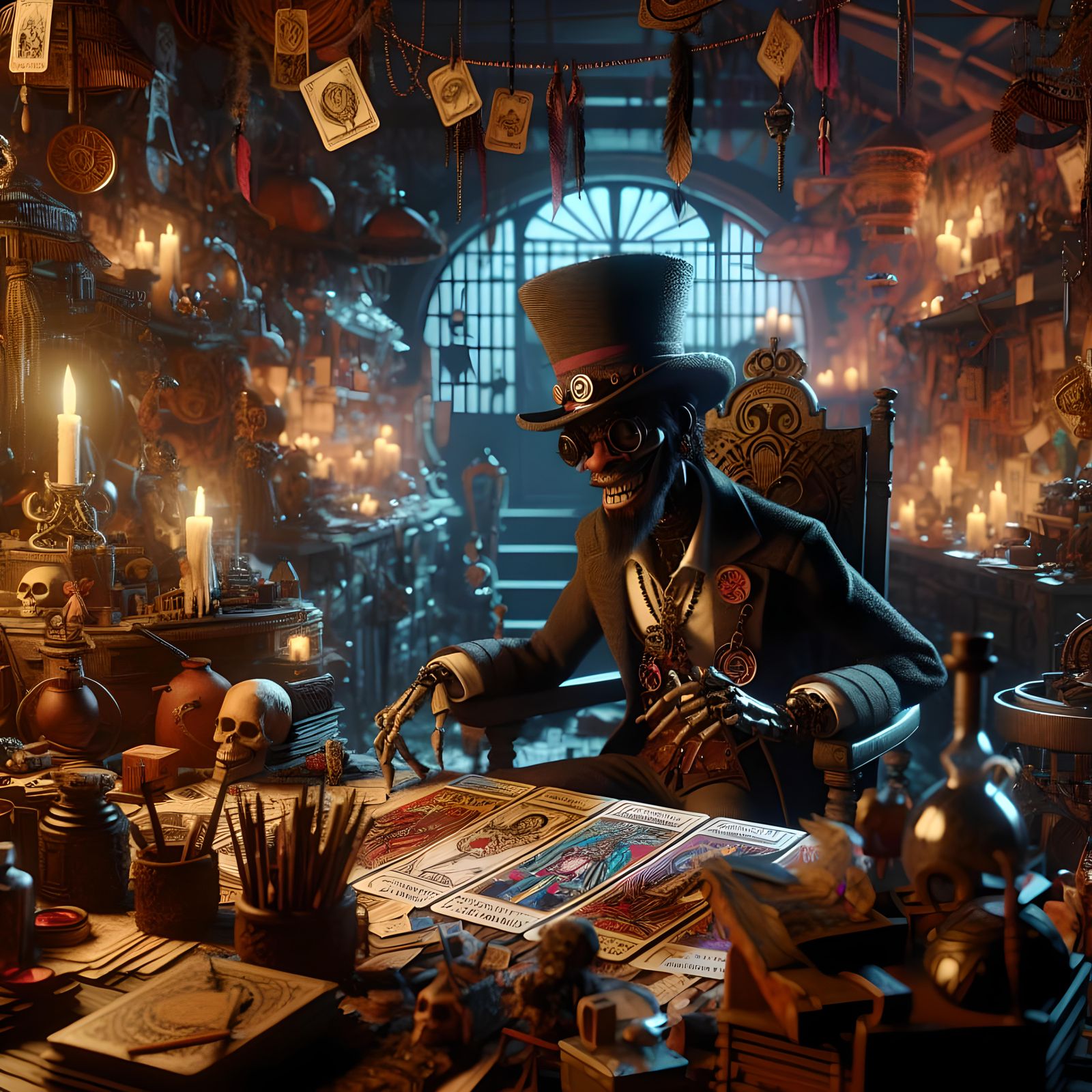 Voodoo Sorcerer at His Desk in Cartoonesque Style
