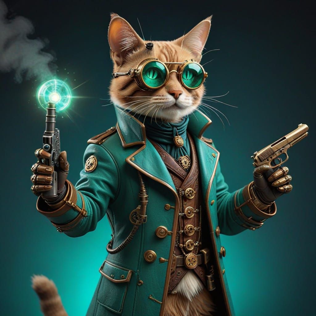 Steampunk Cat in 1920s Style with Brass Pistol