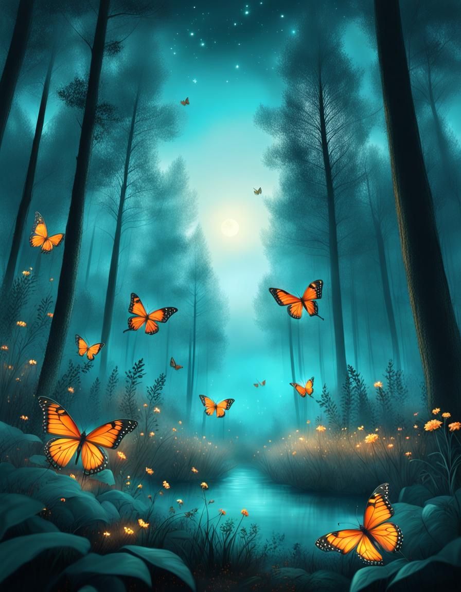 Ethereal Forest Landscape with Butterflies at Night