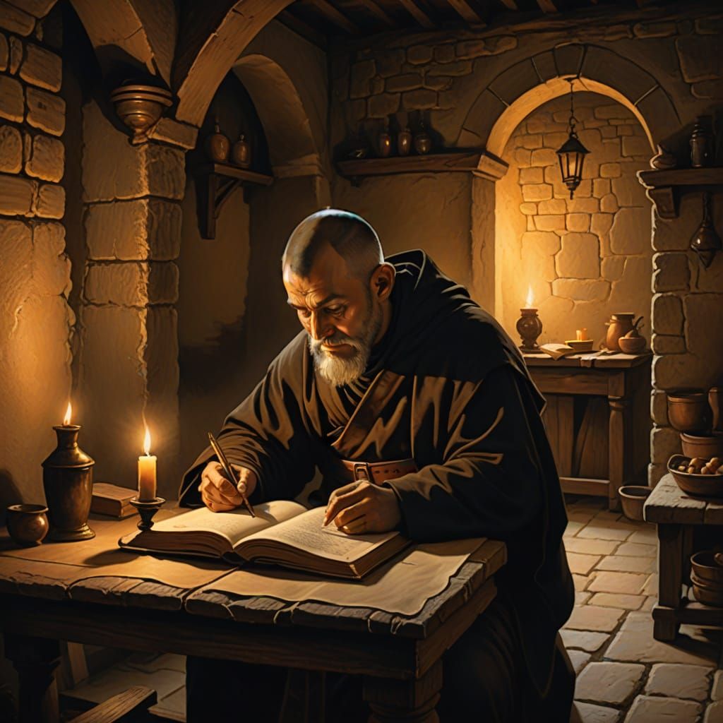 A Monk's Study in Warm Golden Light, Caravaggio-Inspired Oil...