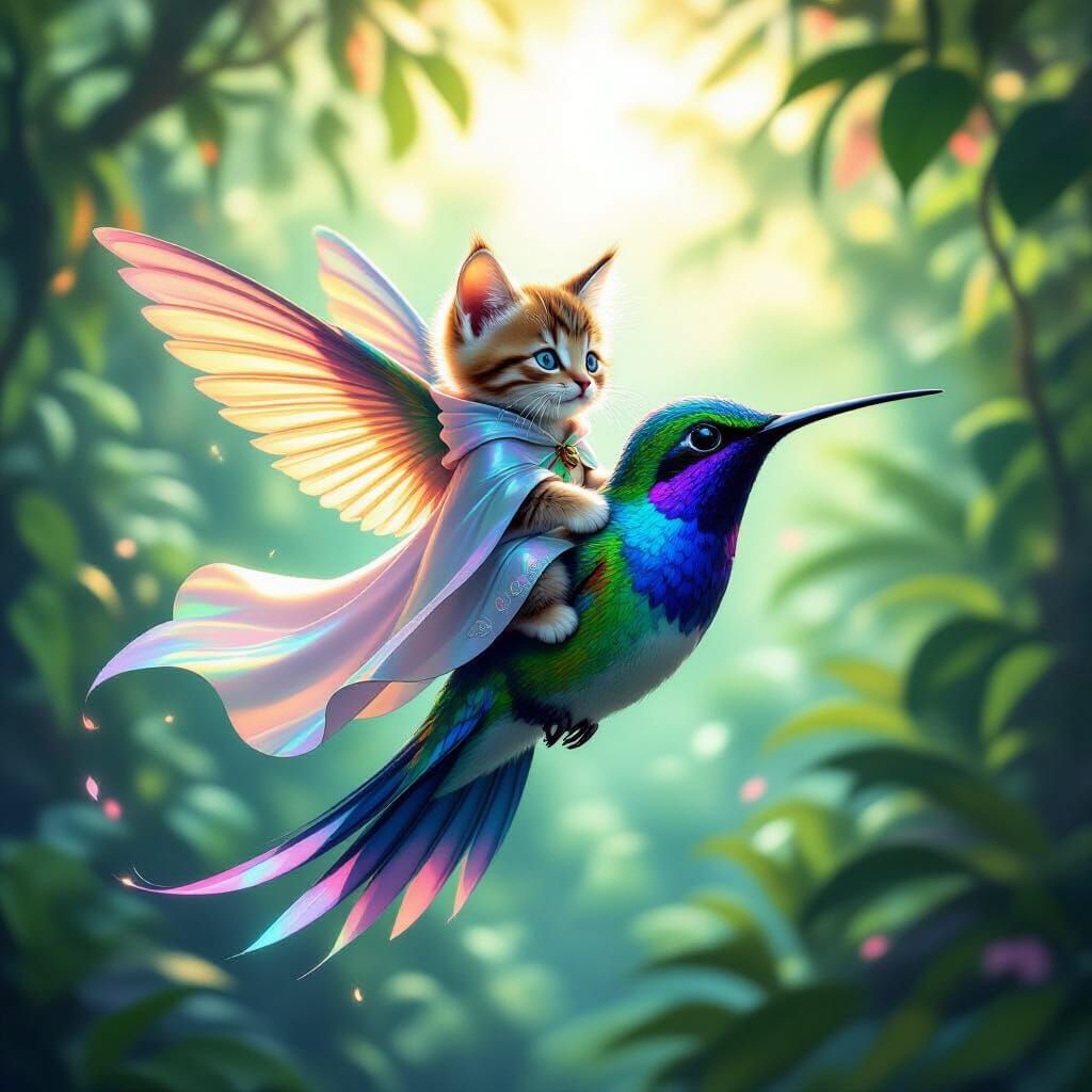 Kitten Riding Hummingbird Through a Glowing Jungle