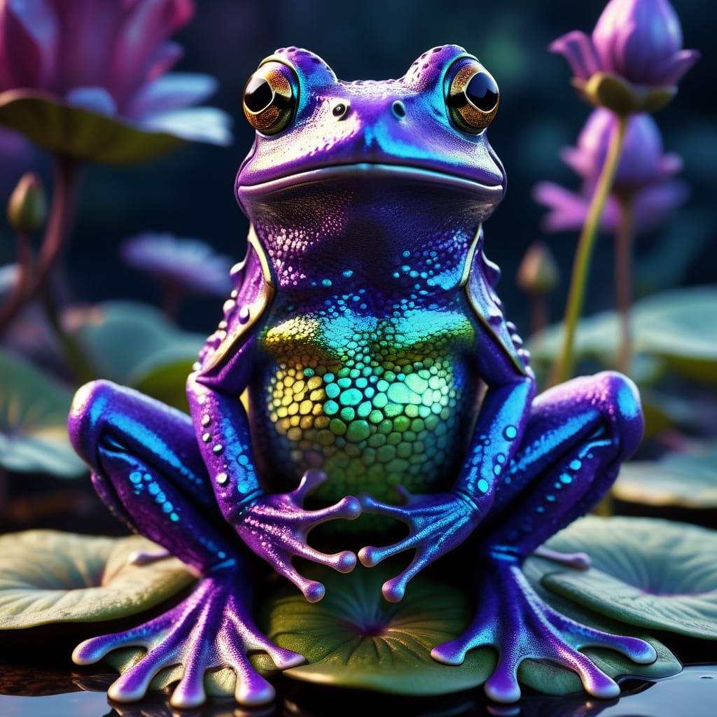 Mystical Purple frog wizard with whimsical vibes& intricatel...