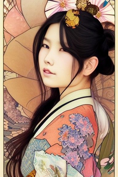 Asian Girl Portrait in Art Nouveau Style