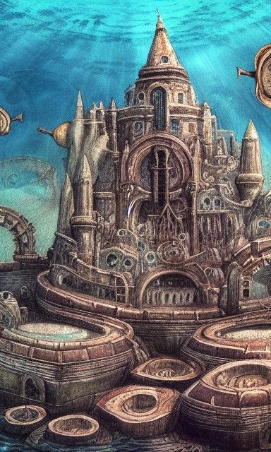 Underwater Byzantine City with Whale, Renaissance Painting