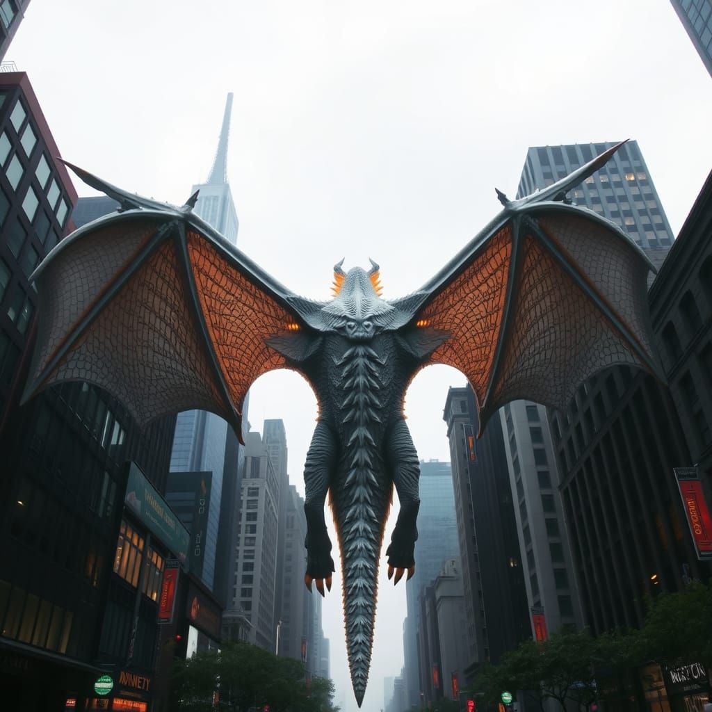 Giant Hybrid Dragon-Bat Strolls through Manhattan
