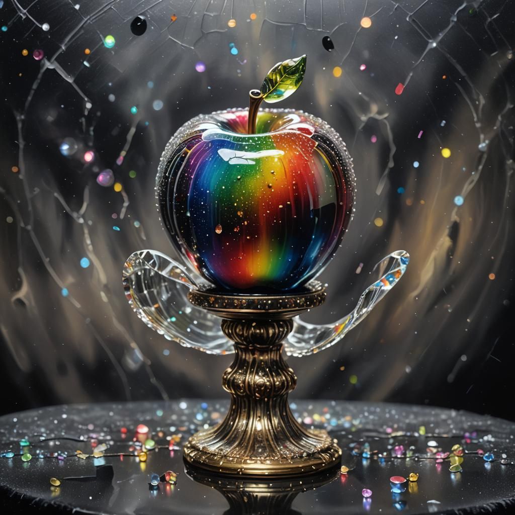 Rainbow Glass Apple on Crystal Pedestal in Art Nouveau Style