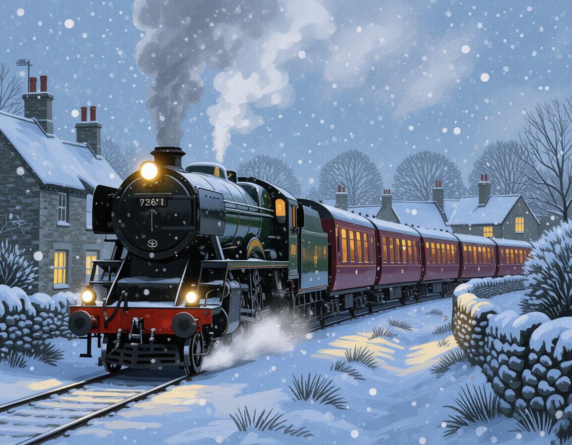 Flying Scotsman Train in Snowy English Village