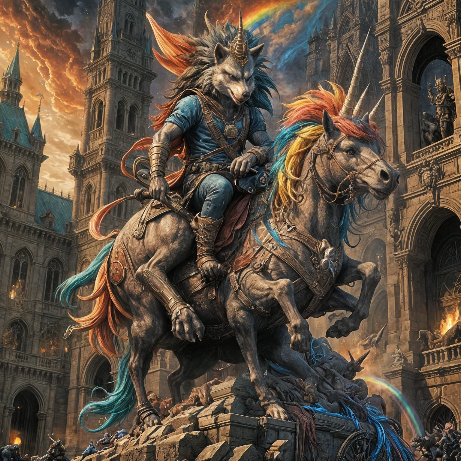 Sonic the hedgehog riding a rainbow unicorn that has 8 legs