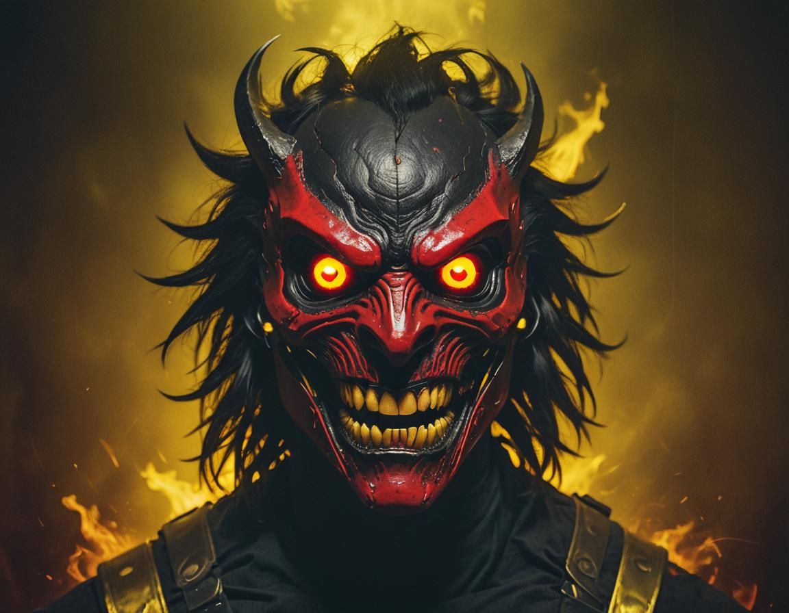 Menacing Red Mask with Black Fire Hair