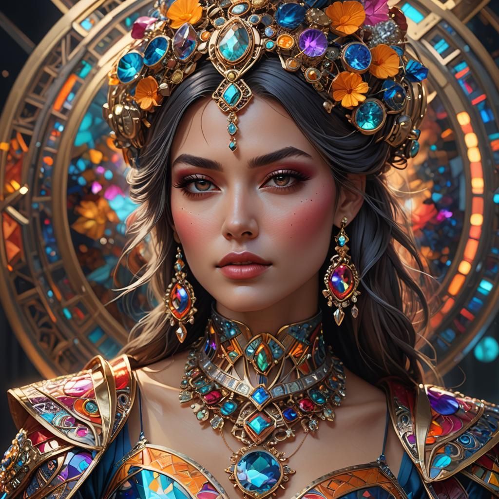 Hyperrealistic portrait of a beautiful woman wearing intrica...