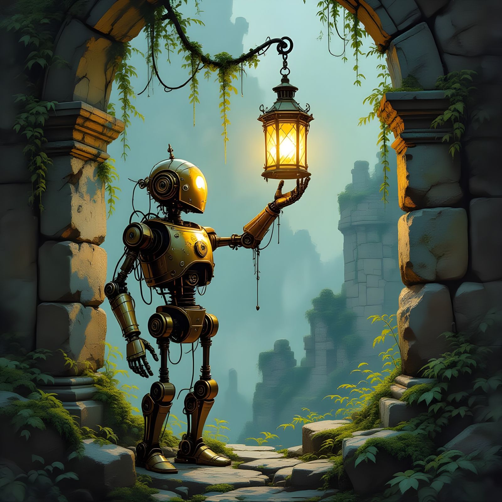 Clockwork Automaton in Ancient Ruins with Magical Lantern