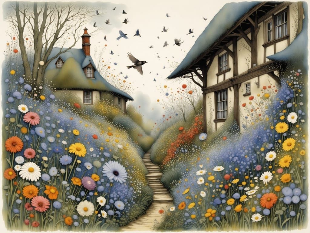 Whimsical Cottage Garden Scene in Watercolor Style