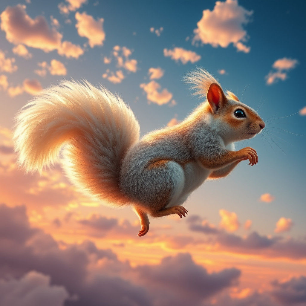 Majestic Squirrel Soaring Through a Sunset Sky