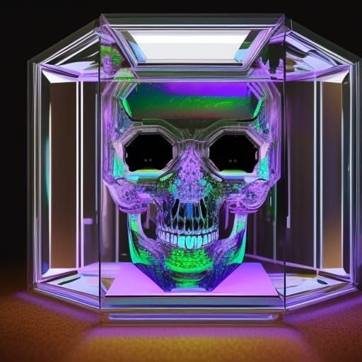 Cybernetic Skull Displayed in Glass Box, Cyberpunk Art