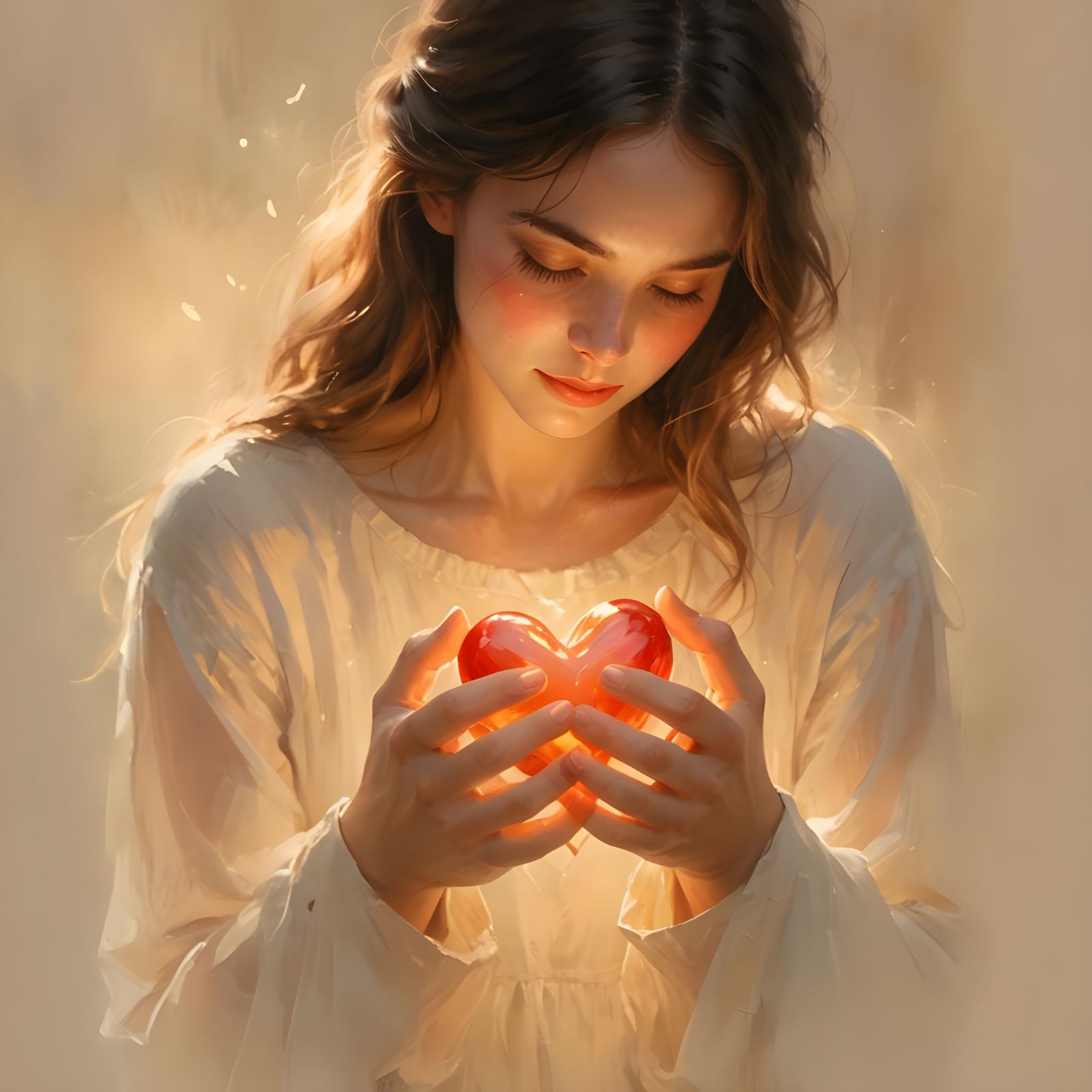 Affectionate Woman Cradles Love in Ethereal Digital Painting