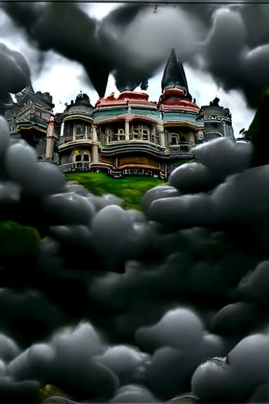 Magic castle in rain clouds.